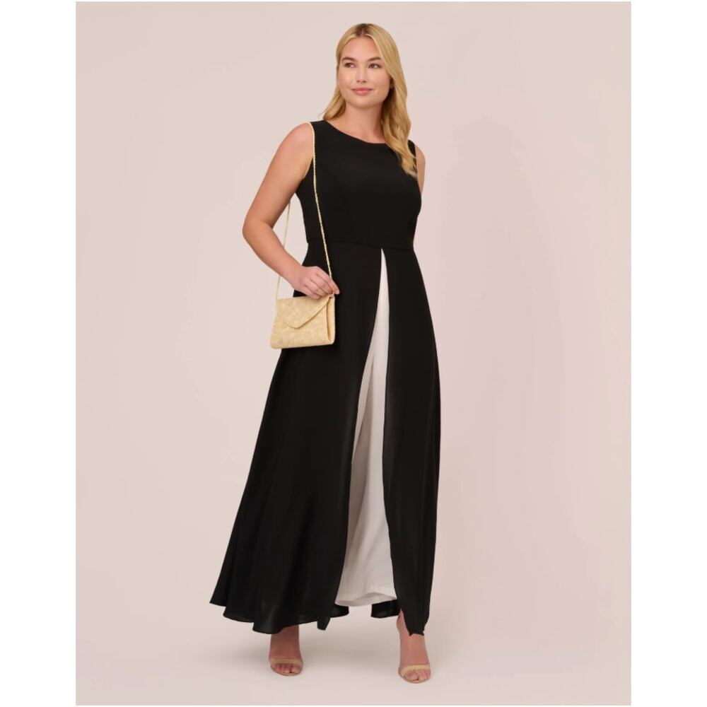 NEW Adrianna Papell Colorblock Overlay Jumpsuit Wide Leg Womens Ivory Black 12